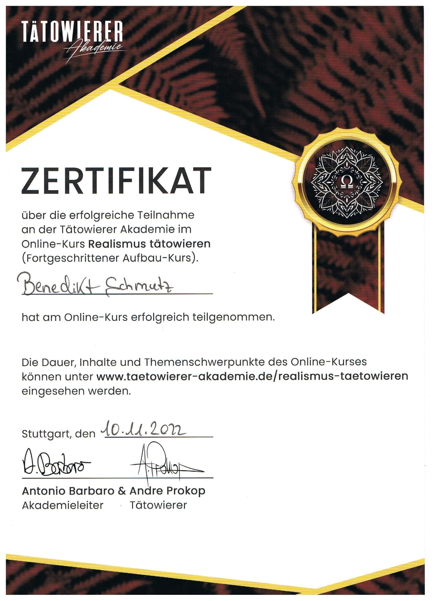 Tätöwierer-Zertifikat 2022